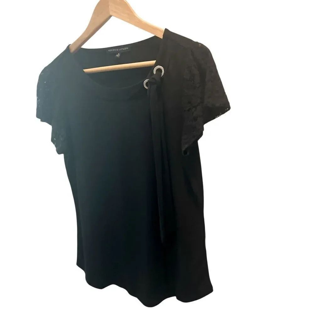 Adrienne Vittadini Black Lace Sleeve Blouse with Tie Detail Size Medium